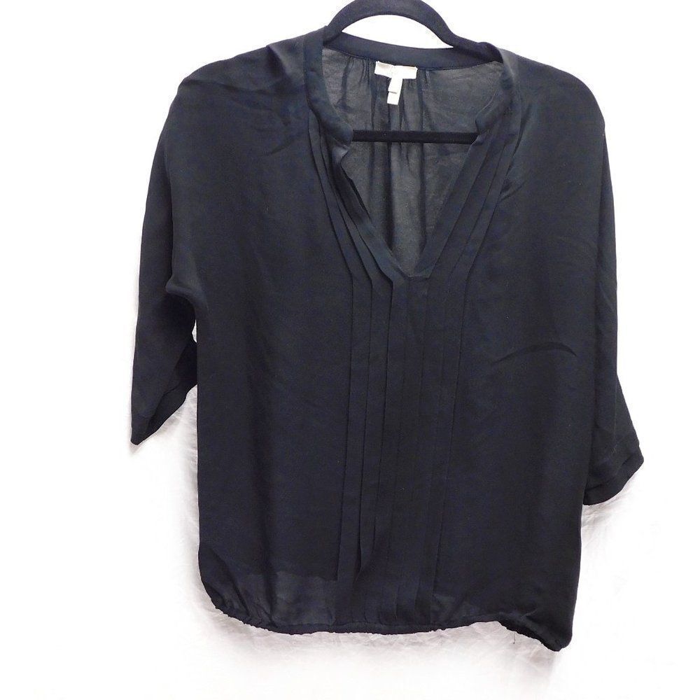 JOIE XS Black Sheer Pleated V Neckline Blouse EUC